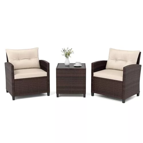 GIANTEX Conjunto de Muebles de Jardín, 3 Piezas de Ratán para Exterior, 2 Sillones con Cojines y 1 Mesa de Panel de Vidrio, Mesa y Sillas para Terraza, Jardín, Patio (Beige)