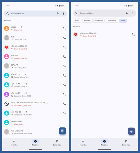 Capturas de pantalla mostrando los nuevos filtros en la app Teléfono de Google