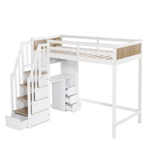 Litera con escritorio y escalera con cajón blanco y natural 90x200cm
