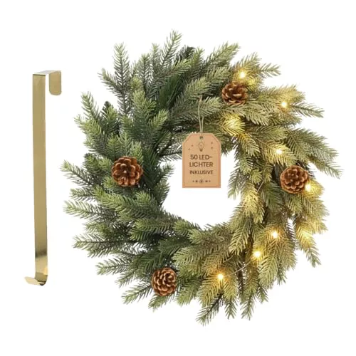 Meisterhome Corona de Navidad de 50 cm de diámetro, de alta calidad, incluye colgador dorado, guirnalda de abeto con bolas de Navidad, conos de pino para puerta delantera, chimenea, pared