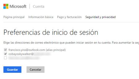 Ahora podemos elegir con cuáles alias se puede iniciar sesión en nuestra cuenta Microsoft