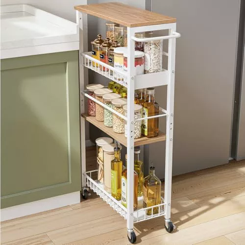 Kssiaz Carro de Almacenamiento Delgado con Ruedas, Carrito Pequeño de 4 Niveles con Manija, Profundidad de 7,1", Altura Ajustable, Estante Móvil Multiusos para Cocina, Baño, Lavadero, Blanco