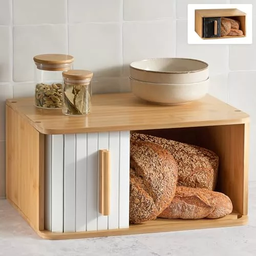 Panera de Madera Grande - Con Puerta Corredera – Panera Bambú FSC® para Guardar el Pan 40 x 28 cm – Ahorra Espacio - Elegante Para Una Frescura Prolongada - Blanco