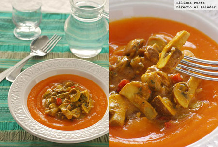 Champiñones portobello especiados sobre crema de calabaza. Receta
