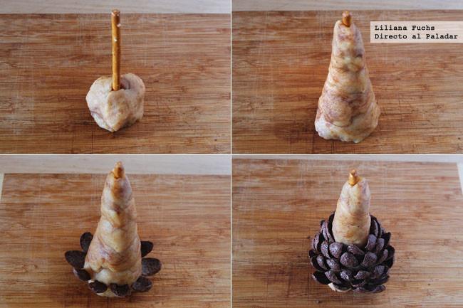 Piñas de cereales de chocolate y mazapán. Receta de postre de Navidad