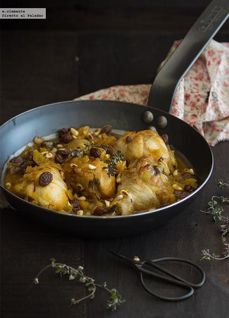 Guiso de pollo con azafrán, pasas y piñones. Receta