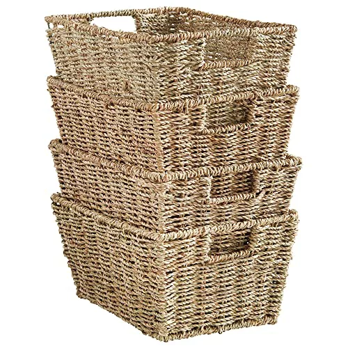 VonHaus Cestas de Almacenaje, Set de 4 Cestas de Junco Marino Natural Tejidas a Mano 