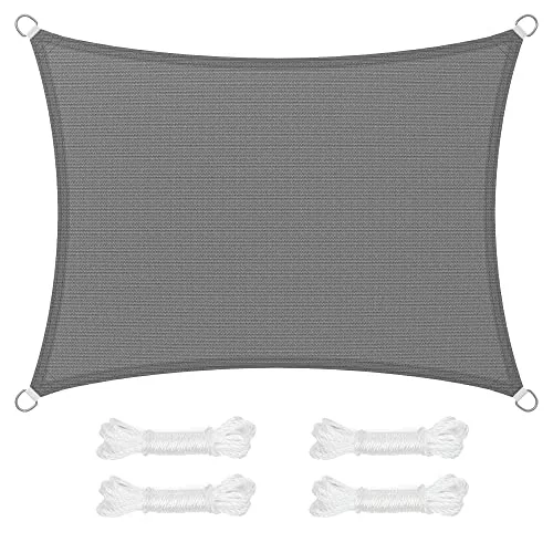 SONGMICS Vela de Sombra de 3 x 4 m, Tejido HDPE de Protección Solar, Transpirable, Permeable al Agua, Terraza, Jardín, Balcón, Camping, Rectangular, Cóncava, Cuerdas de 2 m, Gris Ahumado GSS34GY