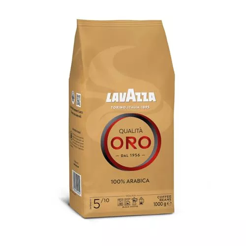 Lavazza, Qualità Oro, Café en Grano Natural, Ideal para la Máquina de Café Espresso, con Notas Aromáticas de Frutas y Flores, 100% Arábica, Intensidad 5, Tueste Medio, Paquete de 1 kg