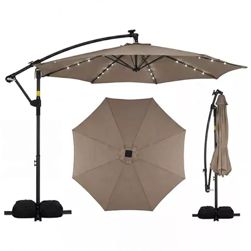 COSTWAY Sombrilla Terraza Exterior con Base, Parasol Excentrico con 32 Luces LED, Rotación de 360°, Manivela, Sacos de Arena, Sombrilla Jardín Grande para Patio Terraza (300 x 300 cm（con Luz）,Café)