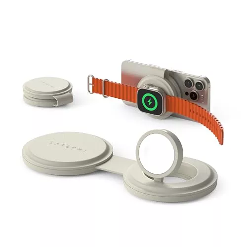 SATECHI OntheGo™ Cargador Inalámbrico 2 en 1 Plegable, Estación de Carga Rápida Qi2 a 15W para Series iPhone 17 16 15 a 12, 5W para Apple Watch y AirPods, Cargador de Inducción para Viajes – Beige