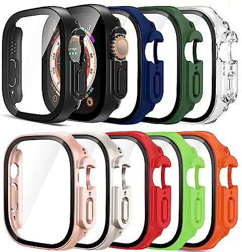[9 Pezzi] Funda para Apple Watch Ultra, Ultra 2 49mm, Pocoukate Protector Pantalla Cristal Templado Incorporado,HD Protección Completa PC Dura Estuche Protector para iWatch 49mm Case