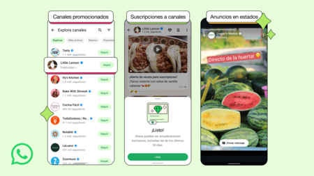 Así se verán los anuncios en WhatsApp. De izquierda a derecha: canales promocionados, suscriciones a canales y anuncios en los estados | Imagen: Xataka