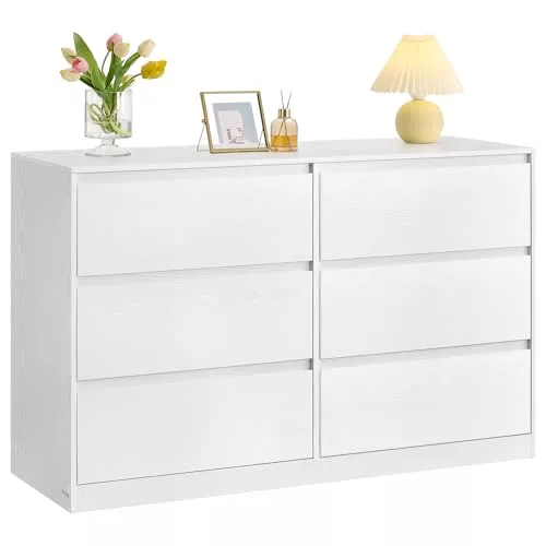 VASAGLE Colección Kailyn - Cómoda de 6 Cajones para Dormitorio, Armario de Almacenamiento, Mueble para Ropa, 40 x 119,4 x 75 cm, Estilo Moderno, Blanco Nieve LTS616W01