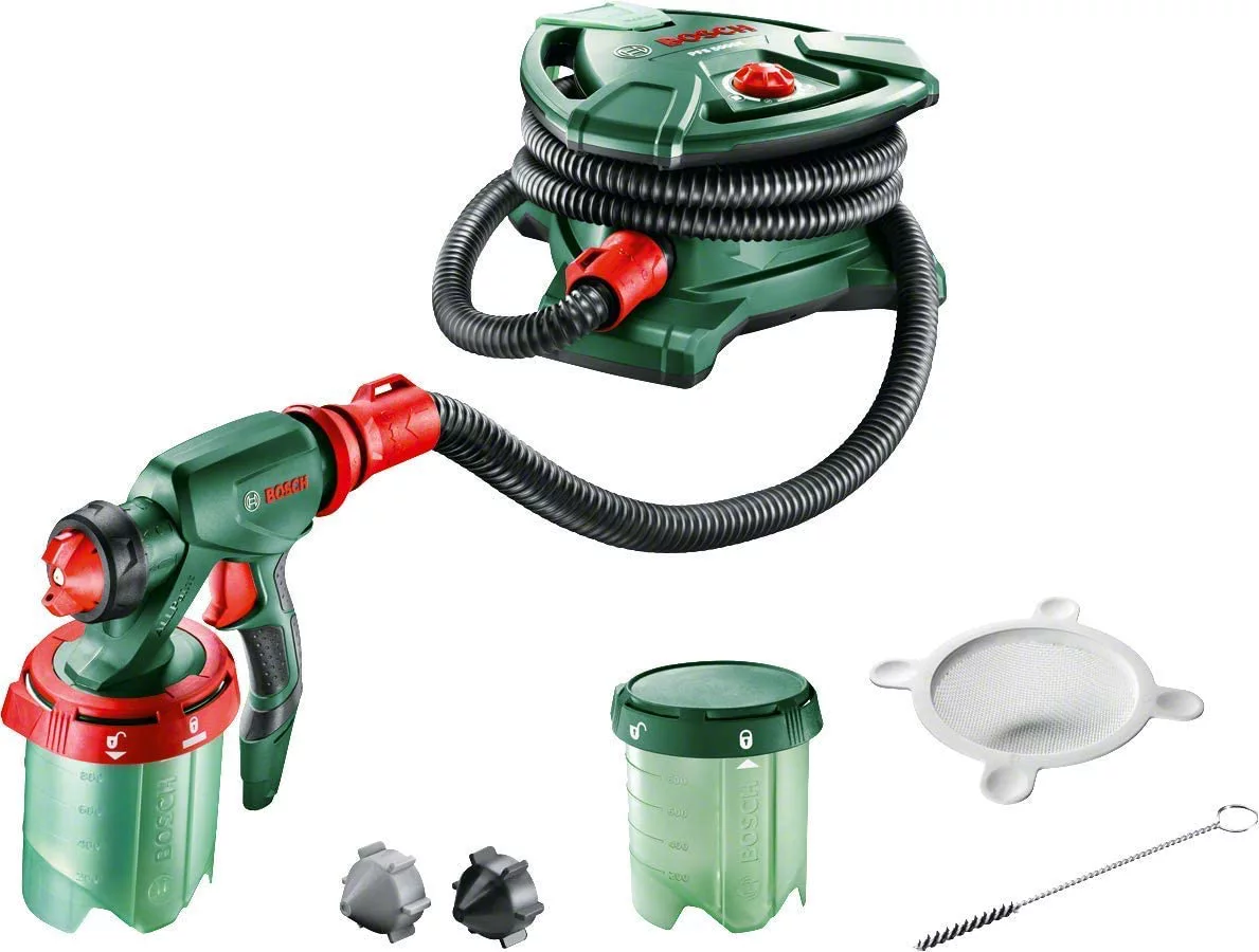 Bosch PFS 5000 E - Sistema de pulverización de pintura (1200 W, 2 depósitos para pintura de 1000 ml, boquilla para pintura de paredes, barniz, esmalte, cepillo de limpieza)