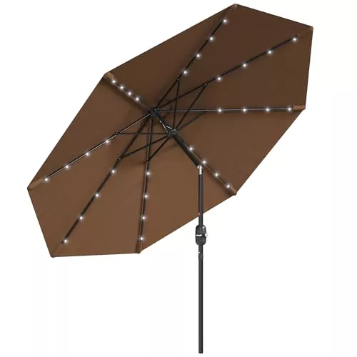 Outsunny Sombrilla Terraza Exterior Ø265 cm Sombrilla de Jardín con 32 Luces LED Solares Poste de Acero y Manivela Parasol Inclinable para Patio Terraza Marrón