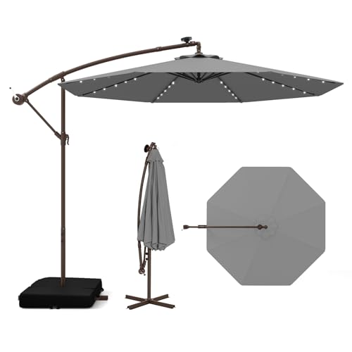 COSTWAY Sombrilla Terraza Exterior con Base, Parasol Excentrico 3x3 con 40 Luces LED, Sombrilla Jardin Inclinable con Manivela, Patio, Jardín, Terraza, Piscina, Playa (gris)