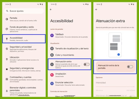 Capturas de pantalla mostrando los pasos a seguir para activar el modo de Atenuación extra en Android