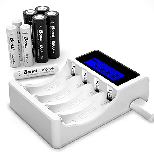 Bonai - Cargador de Pilas Recargables rápido (AA/AAA, 4 Ranuras LCD,, con 4 Pilas Recargables AA 2800 mAh, Ni-MH y 4 Pilas Recargables AAA 1100 mAh)