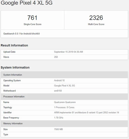 Geekbench での Google Pixel 4 XL 5G の結果。