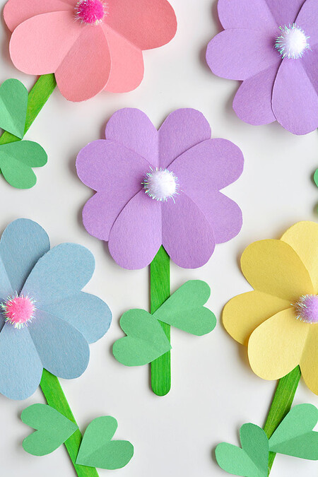 Popsicle Stick Flowers With Heart Leaves