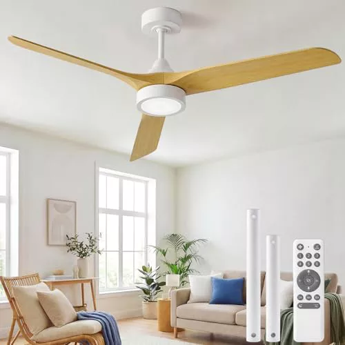 Ateroll Ventilador de Techo con Luz Silencioso, 132cm ABS Ventilador Techo con Luz y Mando a Distancia, Velocidades, Temporizador, Función Verano-invierno, para Dormitorio Salón Exterior Terraza