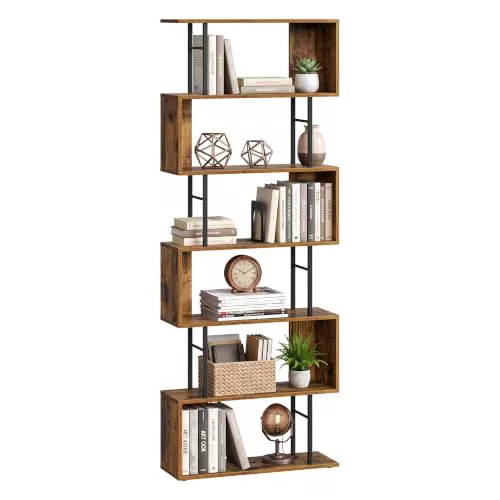 VASAGLE Estantería de 7 Niveles, Libreria Estanteria en Forma de S, Estante de Madera y Acero, 60 x 24 x 190,5 cm, para Salón, Oficina, Marrón Rústico y Negro Mate, Colección Barnet LLS173KD01