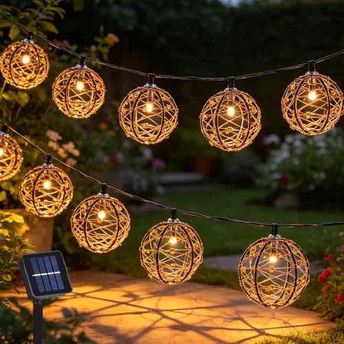 CHENBOOW Guirnaldas Luces Exterior Solar,Cadena de Luces LED Solares de Ratán,Impermeable Luces LED,Cadena de Luz Solar,para Decorar Jardines,Patios,Terrazas,Fiestas