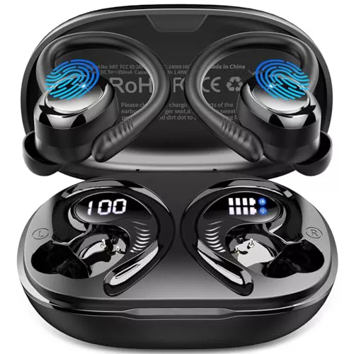 Auriculares Inalámbricos Deportivos, Auriculares Bluetooth 5.4 con 4 Mics, 50H Cascos Inalambricos Bluetooth HiFi Estéreo, IP7 Impermeable, Cascos Bluetooth con Cancelación de Ruido Pantalla LED