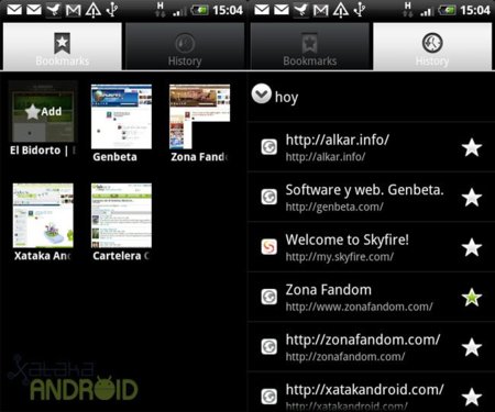 Skyfire: Favoritos e historial