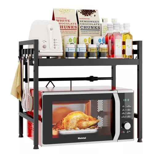 Mointal Soporte Ajustable para Microondas, Estante Expandible para Microondas de Cocina 2 Niveles, Soporte Acero al Carbono para Microondas, Organizador para Mostrador de Cocina con 8 Ganchos, Negro