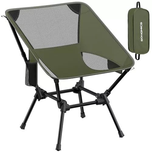 SONGMICS Silla de Camping con Respaldo Bajo, Silla de Exterior Plegable de Altura Ajustable, Marco de Acero, Carga de 150 kg, con 2 Bolsillos, para Viajes, Verde GCB050CZ01