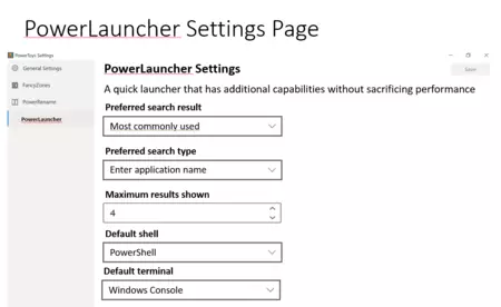 PowerLauncher 設定ウィンドウの一時的な外観。