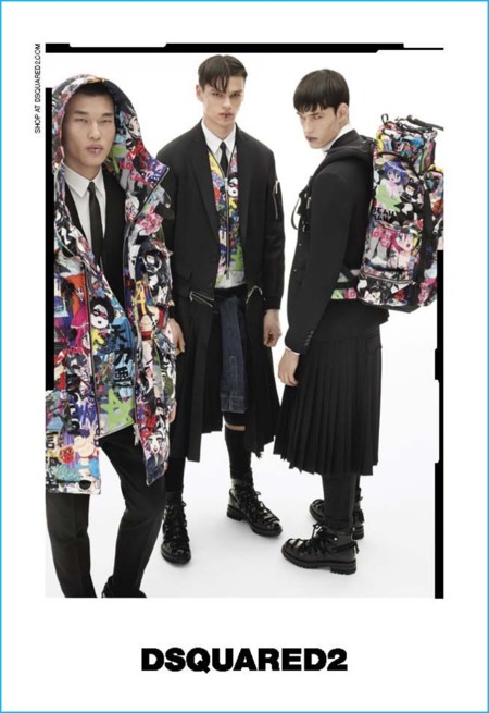 Dsquared2 presenta su campaña de otoño en la que abunda el negro, animaciones japonesas y faldas masculinas