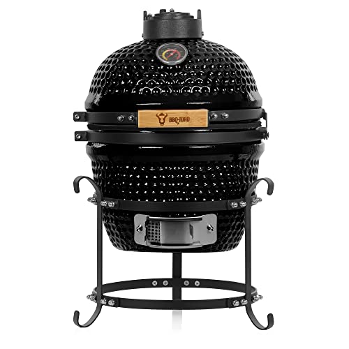 BBQ-Toro Barbacoa de Carbón Kamado "Haiiro" | Ø 32 cm | Barbacoa con Termómetro y Asas de Madera | Color Negro | Parrilla de Cerámica Kamado, Mini Parrilla de Carbón