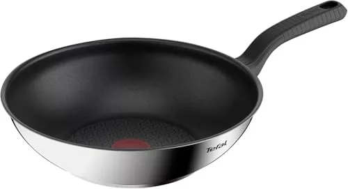 Tefal Comfort Max - Sartén wok 28 cm antiadherente, acero inoxidable 18/10, Thermo-Spot, base gruesa, cocinado homogéneo, mango ergonómico fresco, saltea, recetas asiáticas, apto todas cocinas