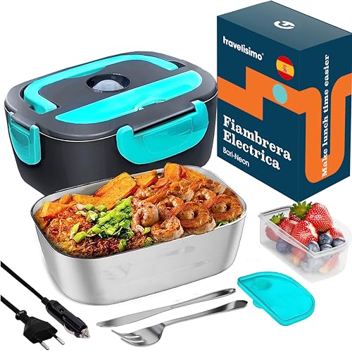 TRAVELISIMO Fiambrera Electrica 3 en 1, 80W 12V/24V/220V Fiambrera Termica para Coche Camión Trabajo, Taper Electrico para Comida de 1.5L en Acero Inoxidable, Lonchera Termica Trabajo