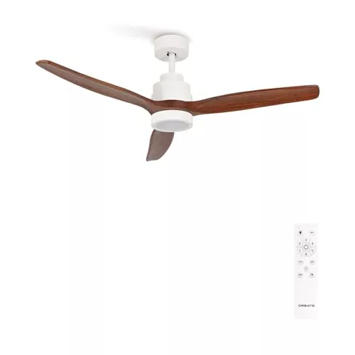 CREATE / WINDSTYLANCE DC/Ventilador de techo con luz blanco aspas madera oscura con mando / 40W, Silencioso, Ø132 cm, 6 velocidades, temporizador, verano-invierno, doble altura, motor DC