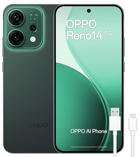 OPPO Reno14 5G – Smartphone Libre con IA, 12GB RAM + 256GB, Cámara Triple 50MP, Batería 6000mAh, Carga Rápida 80W, Pantalla AMOLED 120Hz, IP69, Dual SIM, Android, Versión Española - Luminous Green