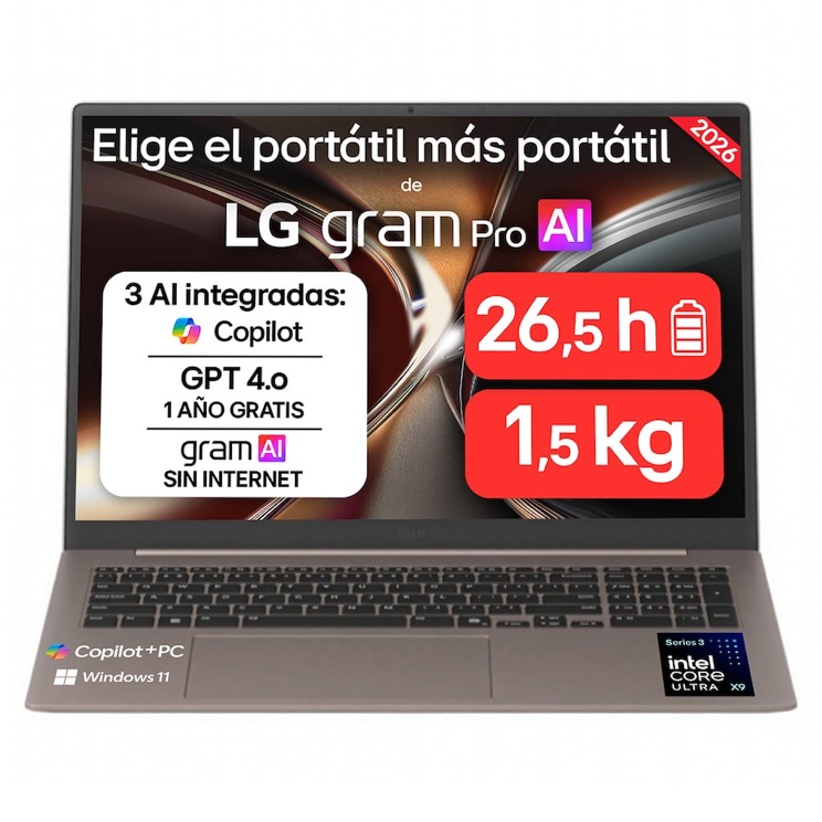 Portátil LG gram Pro 17Z90UB-H.AU96BN, Intel Core Ultra X9-388H, 32 GB, 512 GB SSD, 17", W11 - Bronce