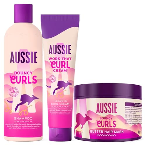 Aussie PACK ESPECIAL: Bouncy Curls: Champú Hidratante Cabello Seco Rizado Y Ondulado + Mascarilla Capilar Con O Sin Aclarado + Crema Definidora Rizos