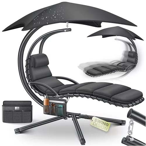 KESSER® Tumbona Flotante con Sombrilla | Hamaca Colgante Solar H200, L194, A100 cm | Reclinable Capacidad hasta 120 kg | Tumbona de Balanceo con Cojines y Almohada, Incluye Bolsa, Antracita