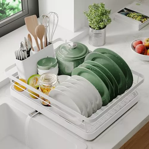 Marctani Escurreplatos de Acero Inoxidable - Escurridor de Platos de Alta Capacidad - Estante de Secado de Metal con Soporte para Cubiertos Extraible y Caño de Drenaje Giratorio 360º (1P Blanco)