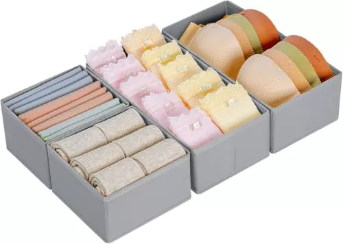 DIMJ Organizador Cajones Juego de 4 Cajas Almacenaje Plegables de Tela Para Guardar Ropa, Organizadores de Cajones No Tejidos, Calcetines, Ropa Interior, Clásico Gris