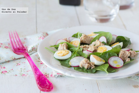 Receta de ensalada de espinacas tiernas, rabanitos y atún