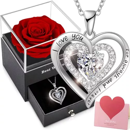 Rosa Roja Real Preservada con colgante corazón con brillantes, tarjeta y caja de presentación