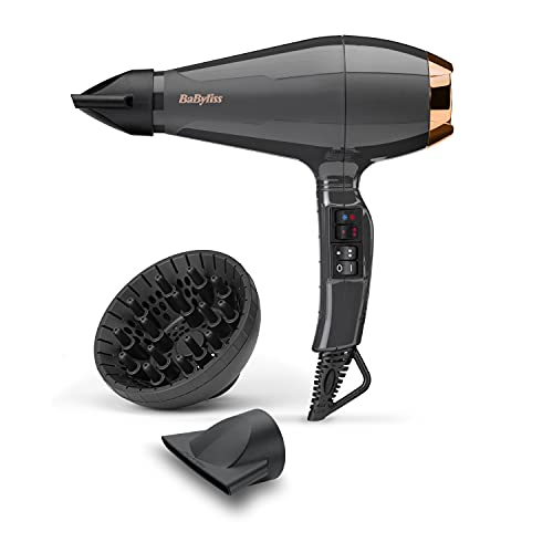 BaByliss Secador de pelo Italian Air Pro con Difusor - Motor AC Profesional, Alta potencia 2200 W, Tecnología iónica antiencrespamiento, 2 temperaturas y 2 velocidades, Made In Italy, Negro, 6719DE