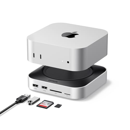 UGREEN Docking Station USB C y Soporte para Mac Mini M4,M4 Pro,M5 Pro,M6 | 11 en 1, con Carcasa M.2 NVME SSD, 7 Puertos USB 10Gbps o 5Gbps, Transmisión Rápida, Lector de Tarjetas TF SD
