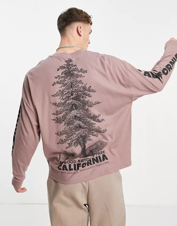 Camiseta rosa claro extragrande de manga larga con estampado de paisaje en la espalda y las mangas de ASOS DESIGN