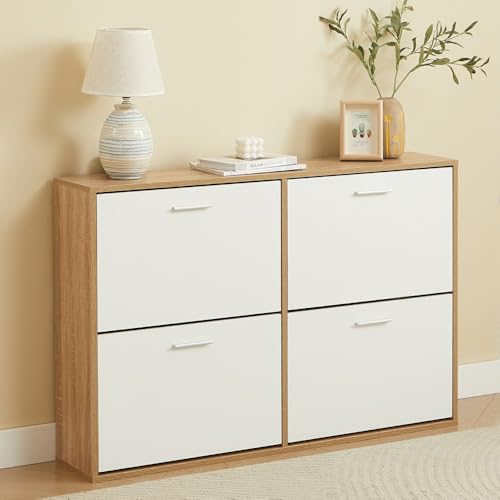 CASABEL Zapatero 4 Abatibles – Mueble Zapatero Entrada Blanco & Madera, Diseño Moderno, Gran Capacidad 24 Pares, Mueble de Almacenaje para Pasillo, Entrada, Salón, L114xF24xH83 cm